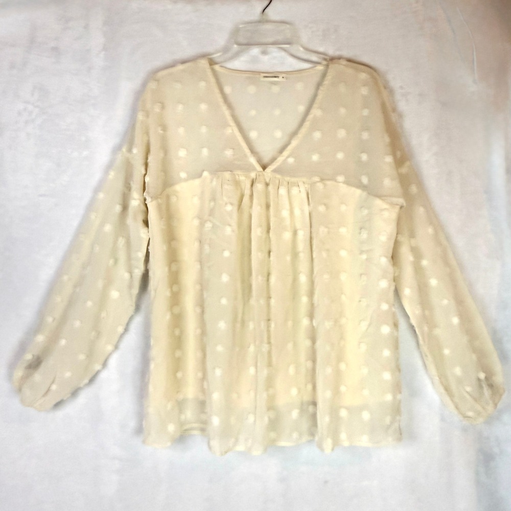 ANDTHEWHY Swiss Dot Babydoll Blouse Cream Ivory V Neck Long Sleeve Medium